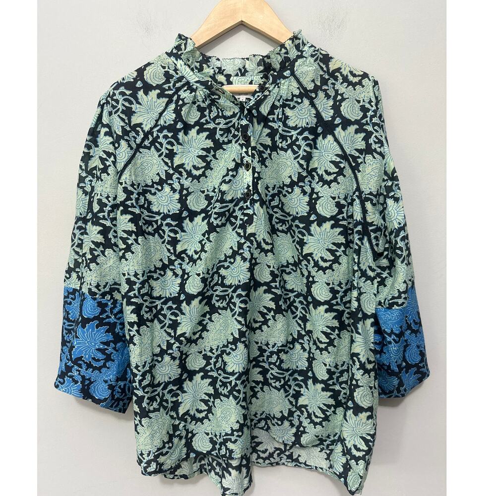 Apiece Apart Top Womens 8 Blue Floral Tunic Cotton Silk Bohemian Quiet Luxury